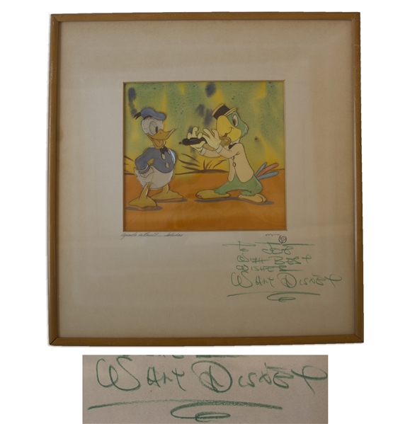 Walt Disney Signed Animation Cels of Donald Duck & José Carioca From ''Saludos Amigos'' -- Signed Mat Measures 14'' x 15'' -- With Phil Sears COA & Courvoisier Galleries Label